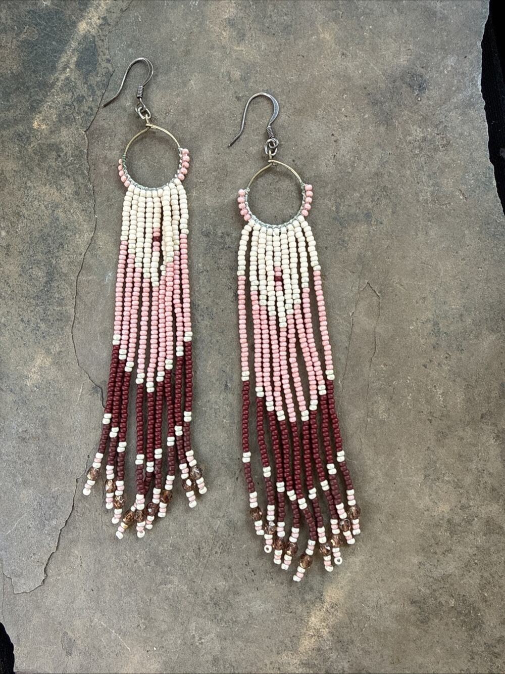 Handmade Seed Bead Fringe Dangle Earrings Boho Ombre Hoop Blush Burgundy 5.5"